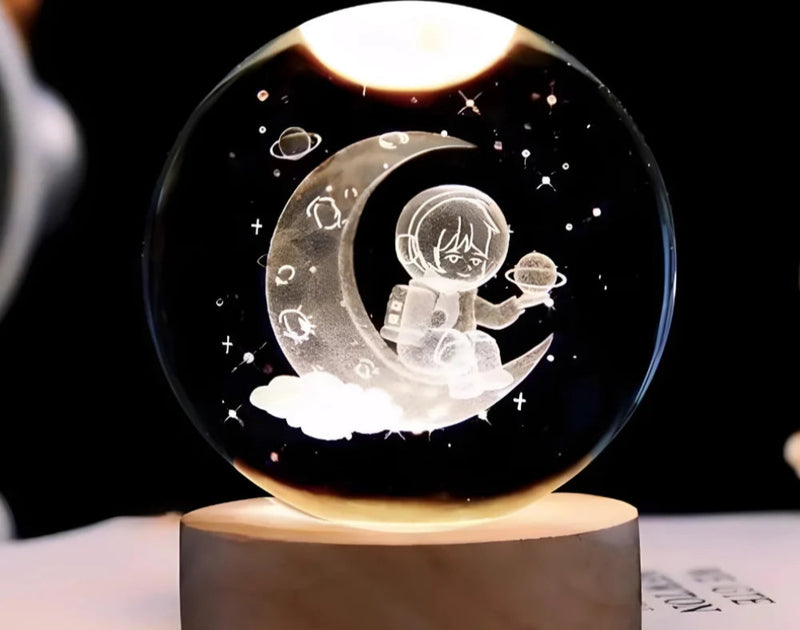 Luminária Cristal De Mesa Bola de Cristal Planeta Terra, Lua, Galáxia e Sistema Solar LED Base De Madeira Decoração
